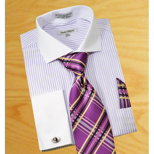 Daniel Ellissa  White / Lilac Pinstripes  With Spread Collar / Free Cufflinks Shirt / Tie / Hanky Set DS3761P2